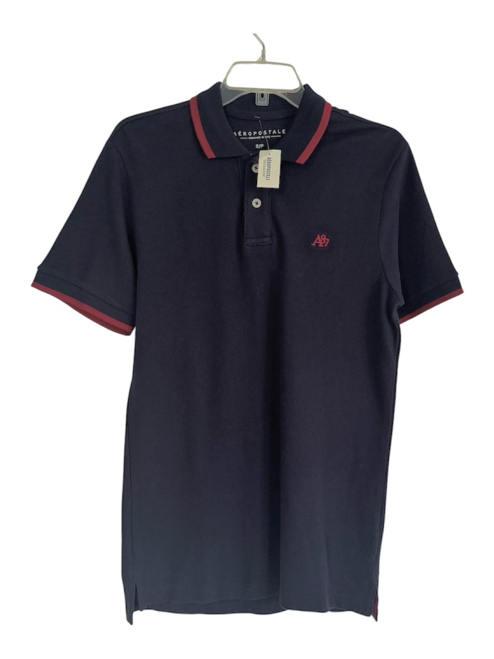 Aeropostale Contrast Tipped Piqué Polo Navy Blue Size S New 100% Cotton